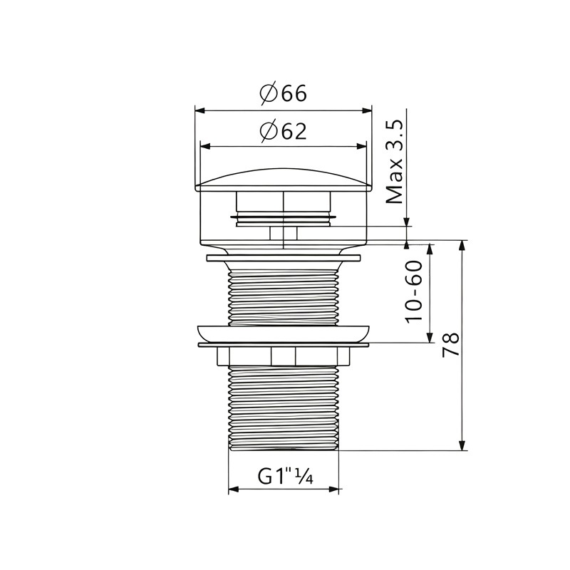 One Push Pop-Up Waste Without Overflow Hole technical drawing